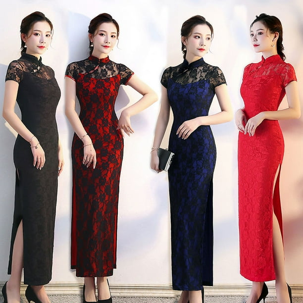 Cheongsam de encaje Cheongsam ropa de actuación espectáculo verano etiqueta larga corte ajustado