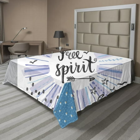 Saying Flat Sheet, Watercolor Lettering Free Spirit Starburst Inspired Doodled Stars Clouds Dots, Soft Comfortable Top Sheet Decorative Bedding 1 Piece, 6 Sizes, Multicolor, by Ambesonne