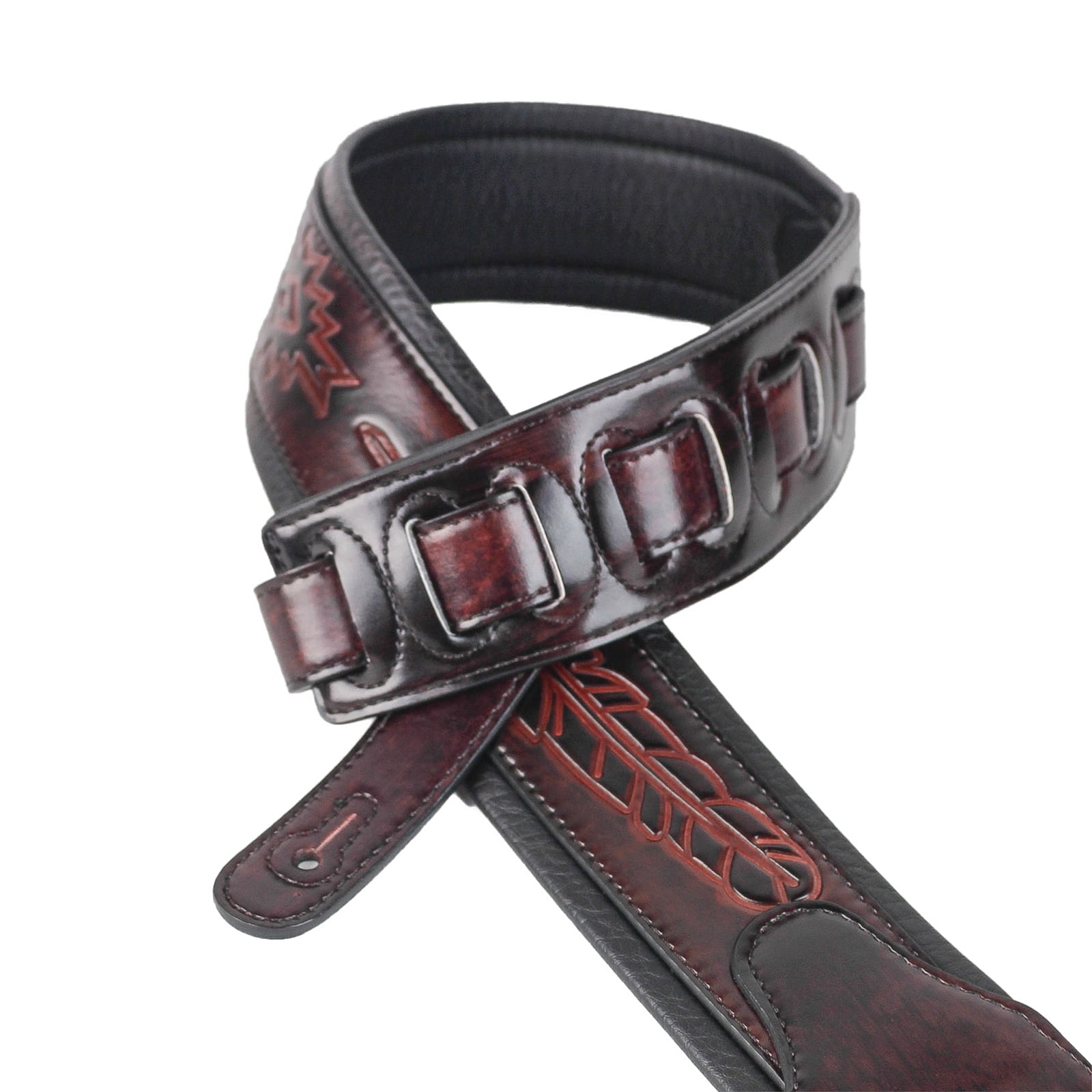 Walker & Williams GB-134 Oxblood Brown Leather Feather Design Padded Guitar Strap
