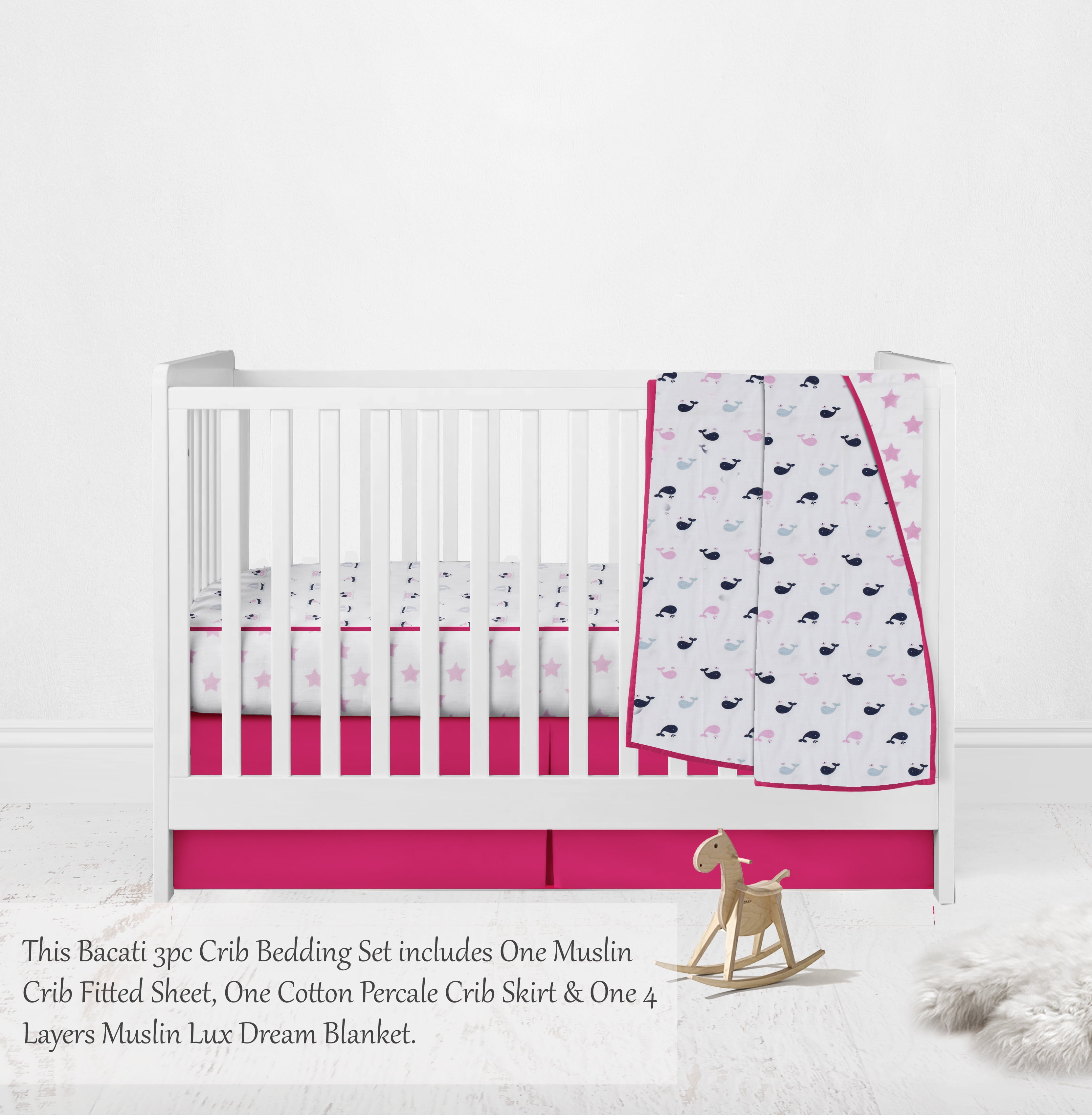 Bacati Nautical Whales/Boats/Stars Girls Pink/Navy 100 Percent Cotton Breathable Muslin 3pc Crib Set with 4 Layer Lux Breathable Muslin Blanket Crib Fitted Sheet and Crib Skirt For US Standard Cribs