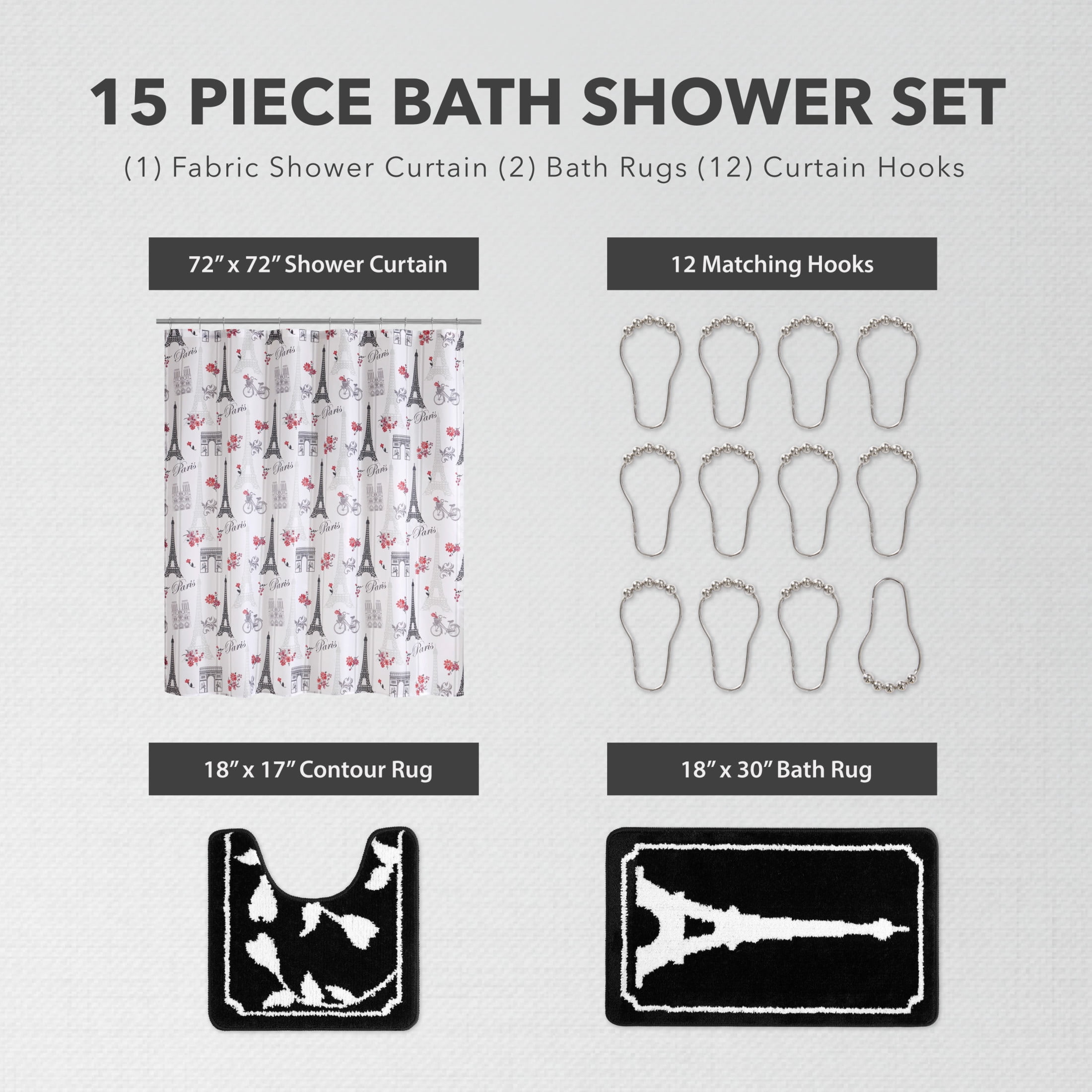 CHI Paris Love Shower Curtain with Hooks and Rugs Modern Washable 72" W x 72" L 15-Piece Set