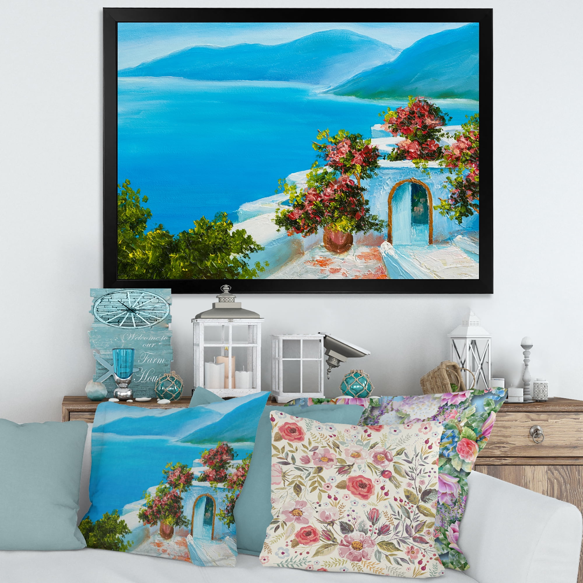 Designart 'House With Colorful Flowers Near The Sea I' Nautical & Coastal Framed Art Print