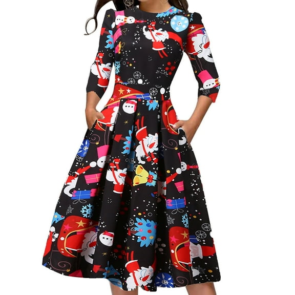 Odeerbi Christmas Dress Women Snowflake Print Christmas Pullover 2025 Fashion Stitching Elk Print Loose Dress Multicolor