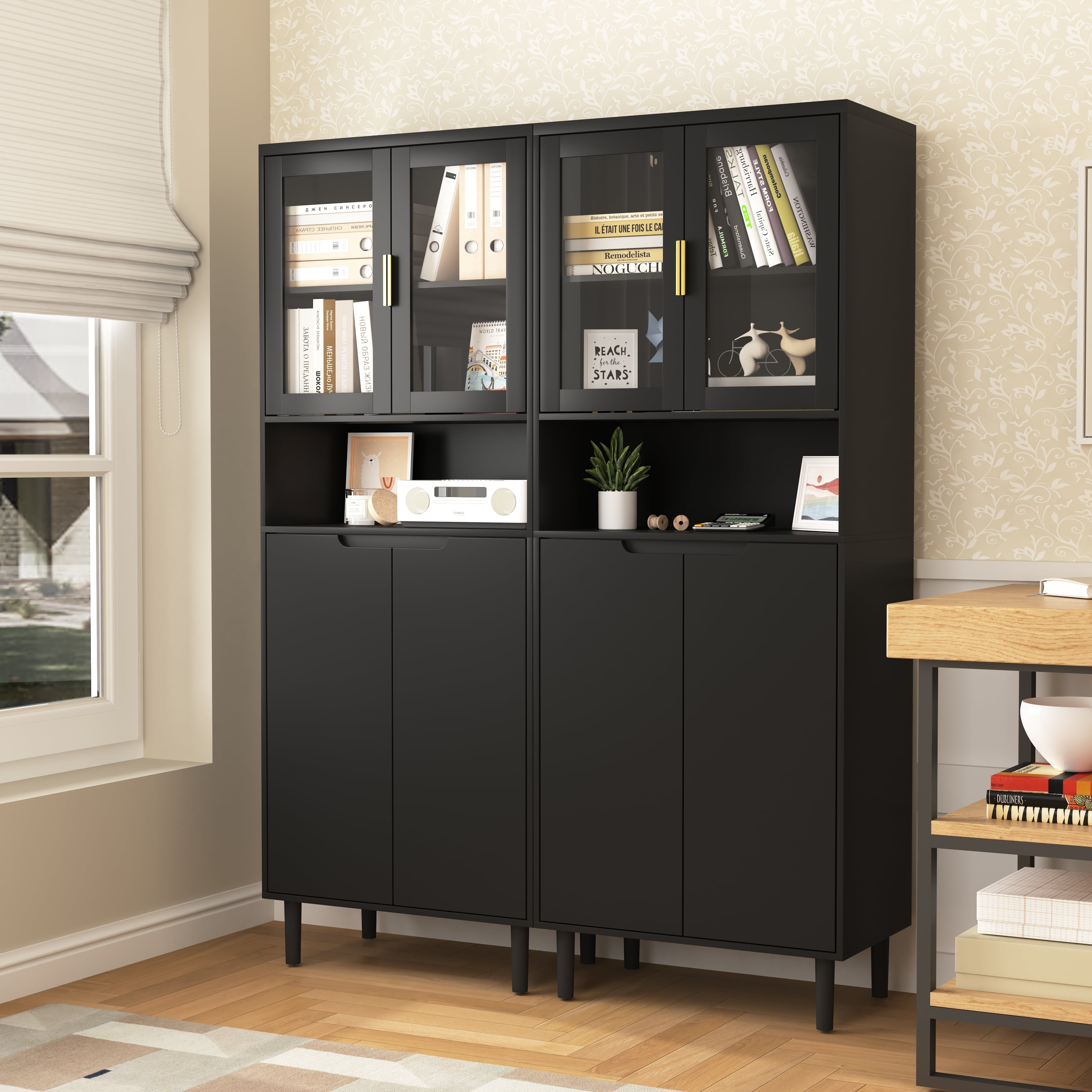 MAYEERTY White Tempered Glass Door Tall Storage Bookcase, 4-Door MDF Cabinet with Adjustable Shelves, Black