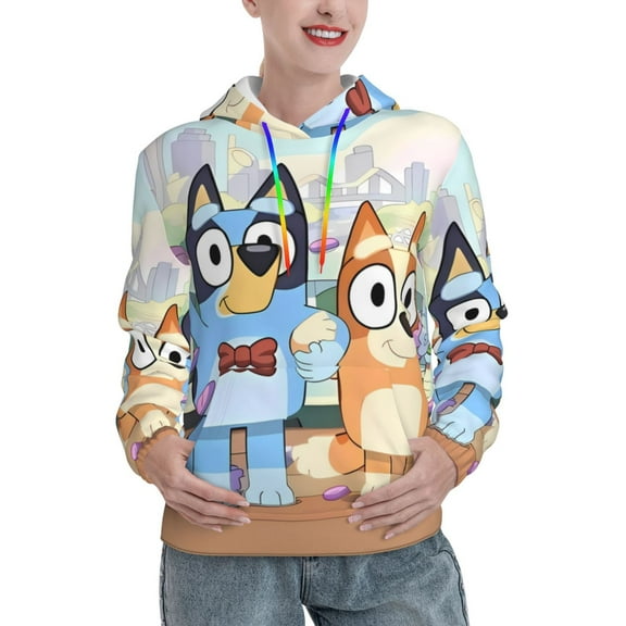 Zofaai Bluey Pattern Women's Hooded Sweatshirt, High Elastic Drawstring Hooded Sports Pullover Long Sleeve, Adult Winter Clothing-Small