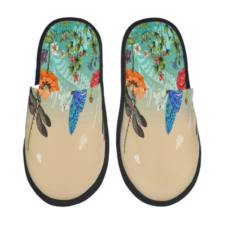 Balery Colorful Plants And Insects Slient Indoor Furry Fleece Comfort House Shoes Soft Non-Slip Home Shoes Cotton slippers House Slippers-- Medium