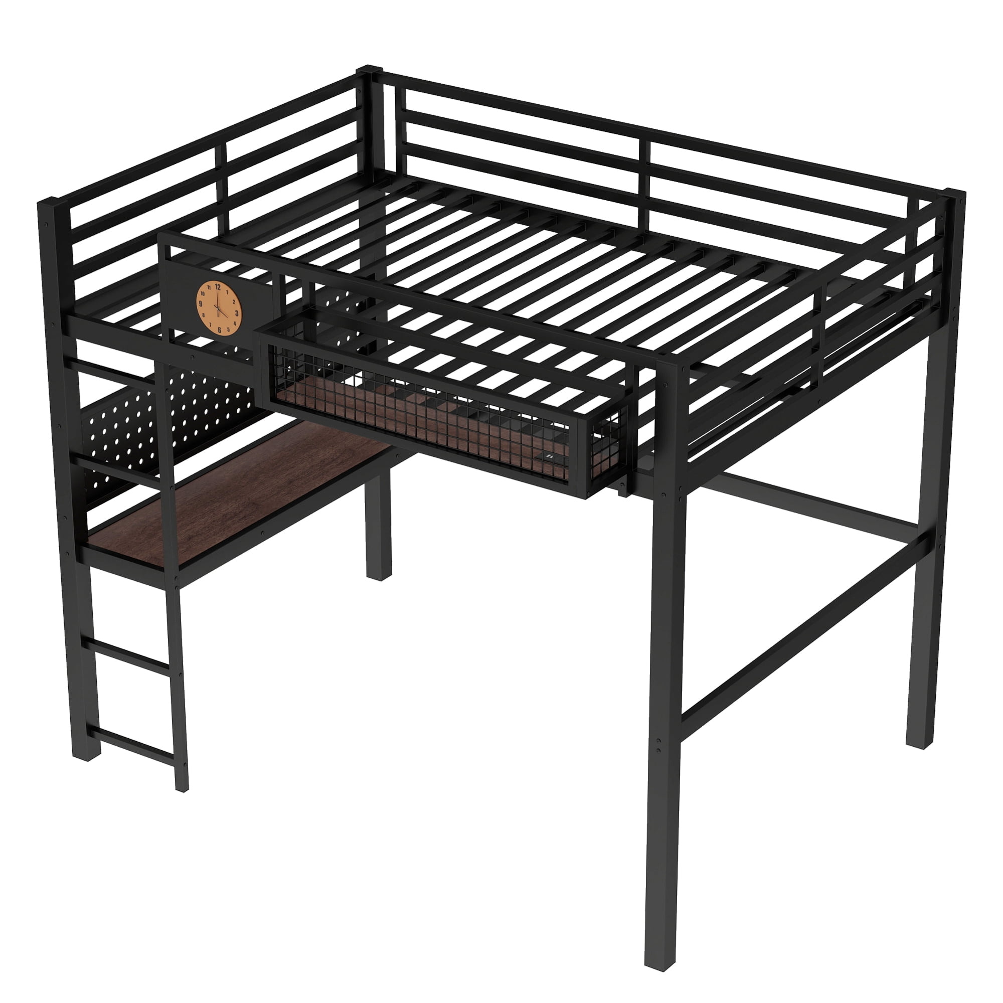 Leumius Full Size Loft Bed with Desk,Metal Loft Bed Frame with Charging Port,Clock and Storage Basket,Black