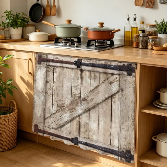 Farmhouse Wood Grain Cabinet Curtains 35''x35'', Vintage Country Barn Gate Brown Sink Base Skirt for Bathroom Vanity Kitchen Laundry, Privacy Drape Waterproof Closet Dishwasher Curtains