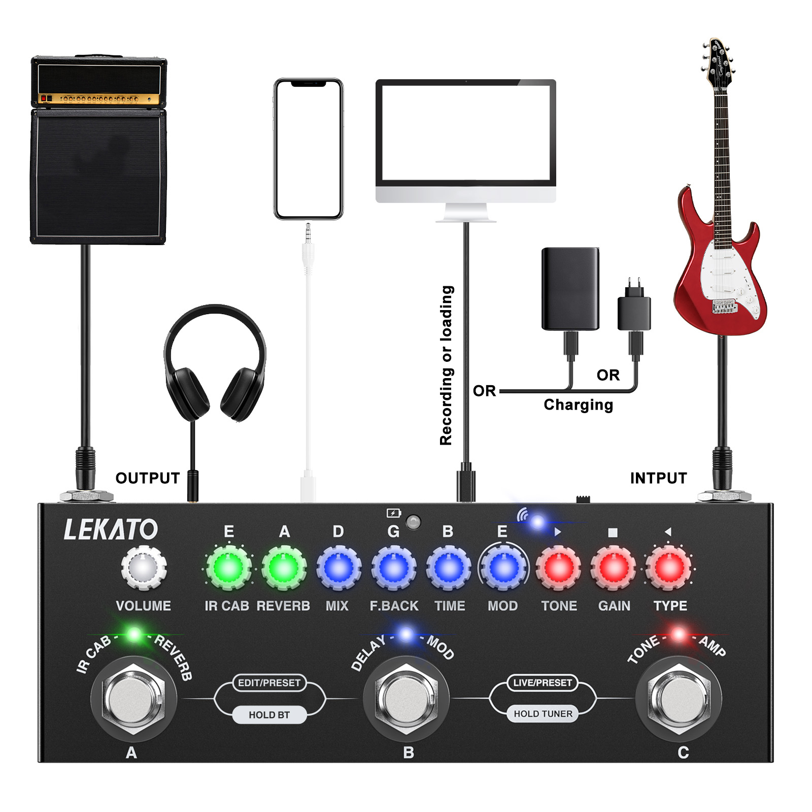 LEKATO Multi Effects Guitar Pedal with IR Loading 9 AMP Models Delay Reverb Distortion Overdrive Rechargable Electric Guitar Effects Multi Pedal Support Recording Bluetooth 5.0