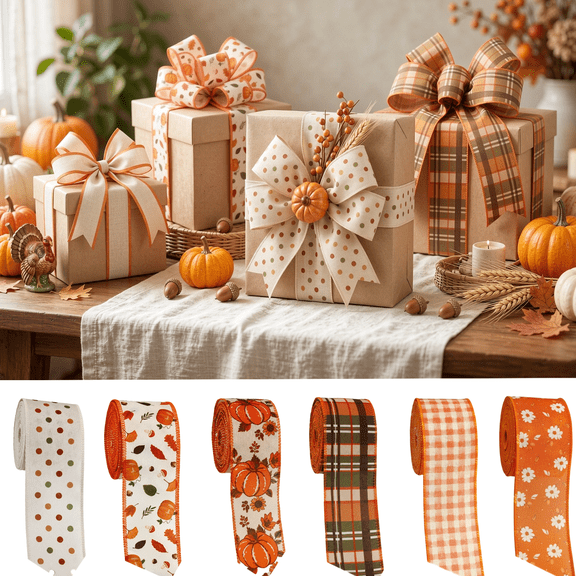 15FT autumn-themed ribbon with polka dots, Ideal for Decorating Wreaths, Walls and Gift Boxes for Festivals such as Thanksgiving and Harvest Festival.