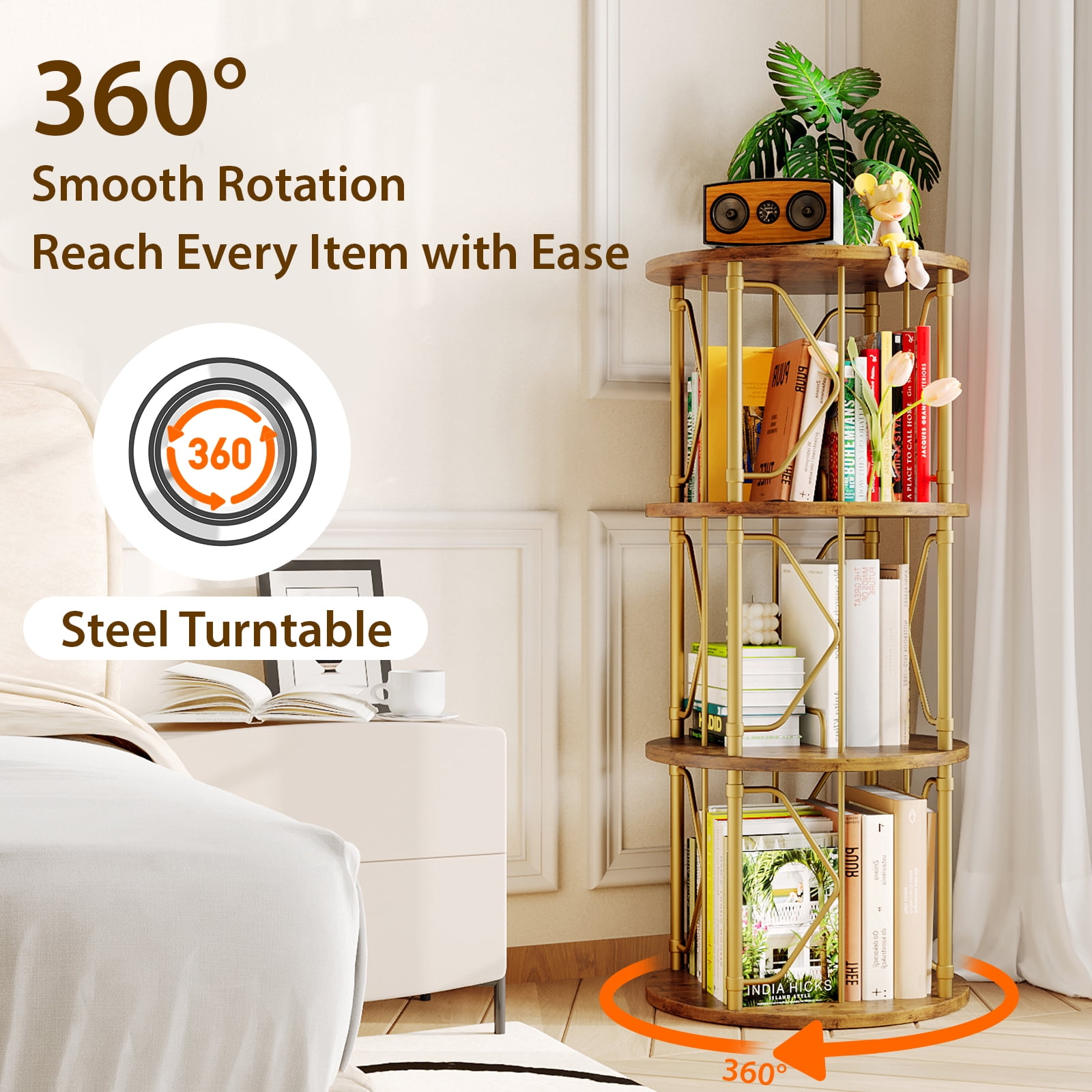 LLappuil 3 Tier Rotating Bookshelf, 360° Display Swivel Bookcase, Corner Bookshelf for for Bedroom, Living Room Gold