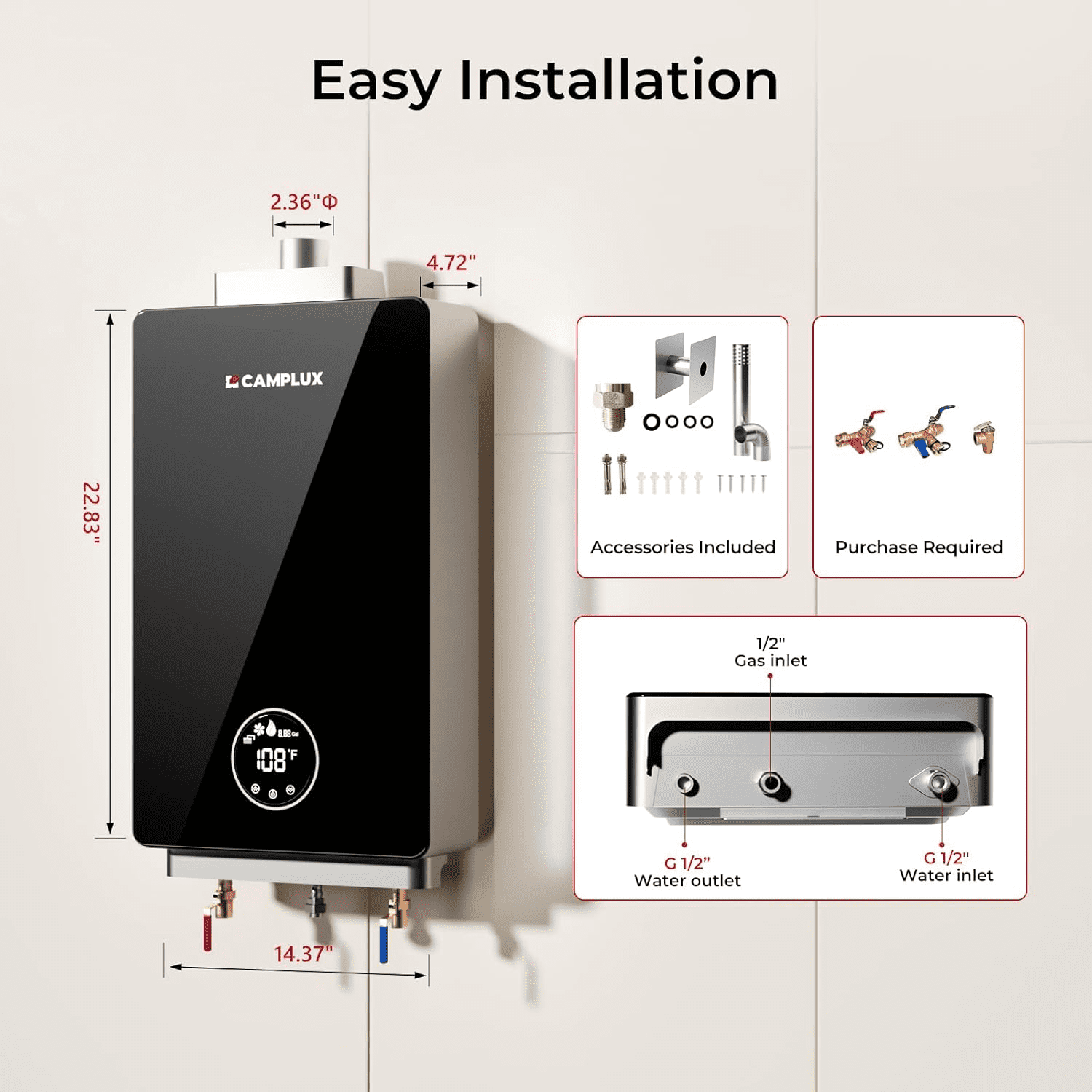 CAMPLUX 3.18 GPM 82,000 BTU Indoor Tankless Propane Water Heater With 2.3" horizontal vent pipe, 2.36'' Wall Thimble