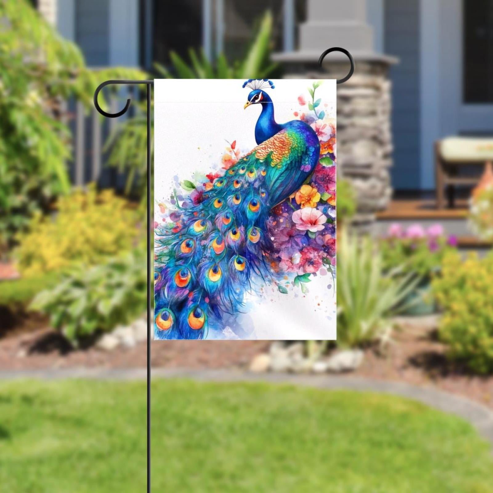 Watercolor Peacock with Feathers Flowers Double Sided Garden Flag Decorative Weather Resistant Yard Flag, Large DIY Vertical Flag for Farmhouse Patio Lawn, 28x40 Inch