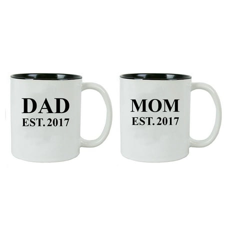 Dad + Mom Established Parents EST. 2017 11 oz Ceramic Coffee Mugs with Gift