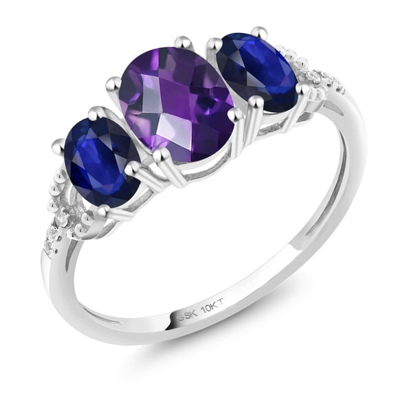 Gem Stone King 10K White Gold Oval Checkerboard Purple Amethyst Blue Sapphire and Diamond 3-Stone Women Engagement Ring (4.41 Cttw, Gemstone Birthstone, Size 7)