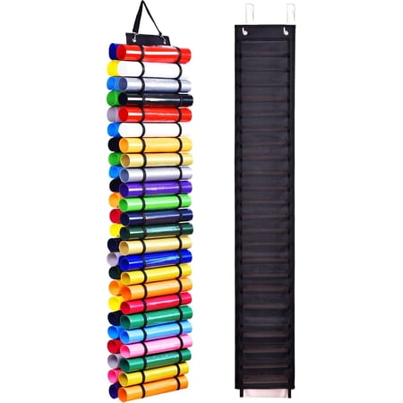 Vinyl Holder with 48 Compartments Vinyl Roll Holder Wall Mount/ Over The Door Craft Vinyl Storage Organizer Hanging Vinyl Organizer with 2 hooks (Black)