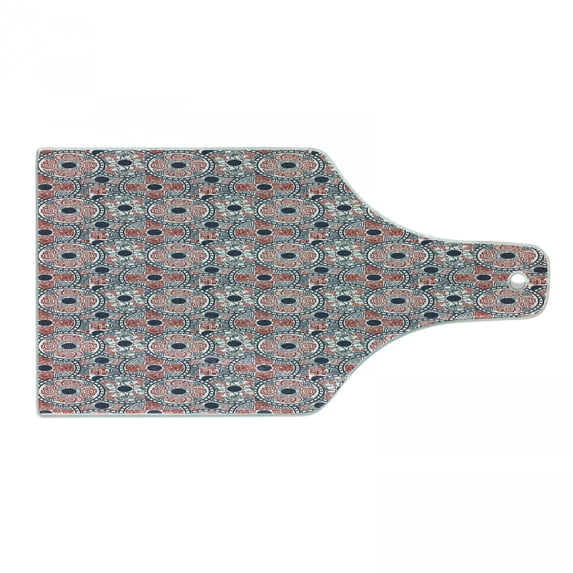 Native Cutting Board, Indigenous Mayan Pattern with Animals and National Motifs in Circles, Decorative Tempered Glass Cutting and Serving Board, Wine Bottle Shape, Vermilion Dark Blue, by Ambesonne