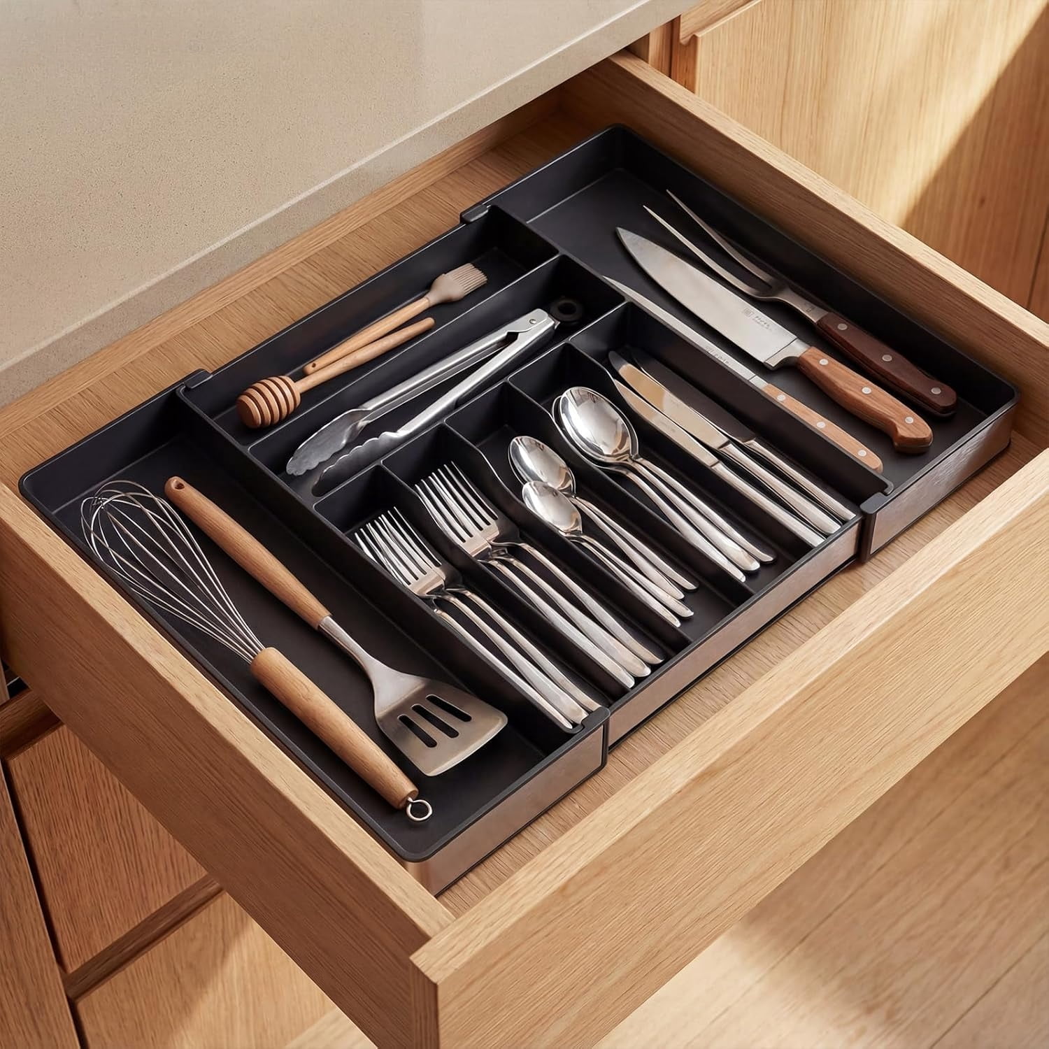 Extra Large Silverware Organizer, Slot Expandable Kitchen Drawer Organizer, Utensil Holder, Heavy Duty Stainless Steel Frame Silverware Drawer Organizer