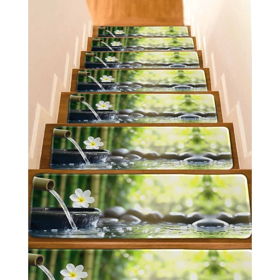 Stair Treads for Wooden Steps, Zen Stones Water Flowing Peel and Stick Stair Treads with Reusable Adhesive, Floral Green Forest Non Slip Indoor Stairs Runner Rugs Mats for Elders Dogs 8"x30" 7PCS