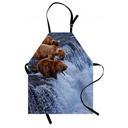 Africa Apron Grizzly Bears Fishing in the River Waterfalls Cascade in Alaska Nature Camp View, Unisex Kitchen Bib Apron with Adjustable Neck for Cooking Baking Gardening, Brown White, by