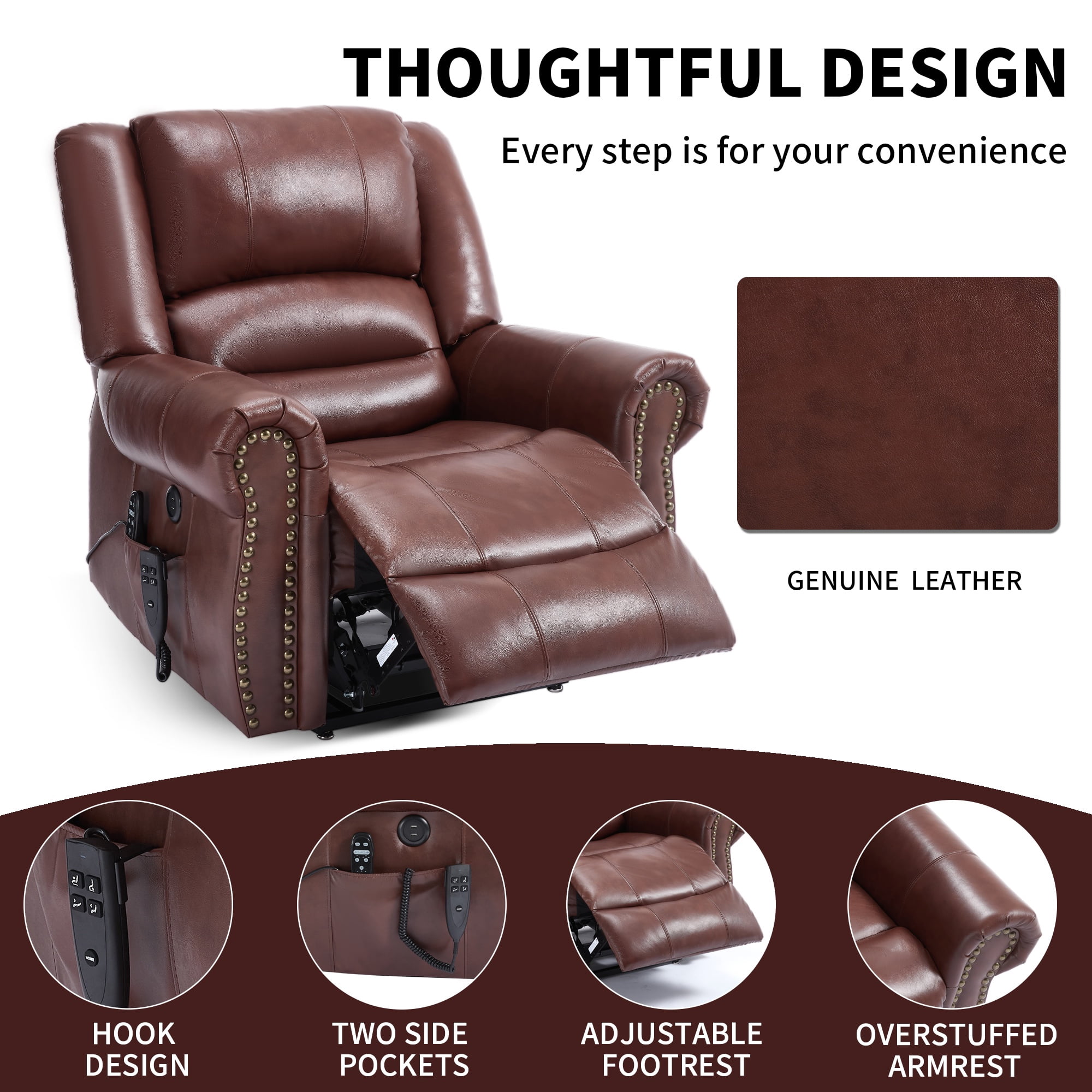 LEGAHOME Genuine Leather Power Lift Recliner Chair, Electric Infinite Position Lift Chair for Elderly with Heated and Massage, Reclining Sofa with USB Charging Port and Dual Motor, Red