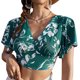 thumbnail image 1 of Top corto con cuello en V para mujer, estampado a la moda, manga con volantes, tirantes en la espalda, camisa corta sin espalda para mujer, verde oscuro XL, 1 of 6
