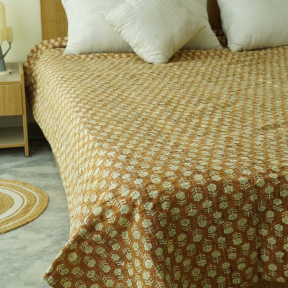 Mustard Floral Block Print Indian Kantha Quilt Repeating Motif Soft Cotton Handmade Bedspread Boho Bedroom Decor