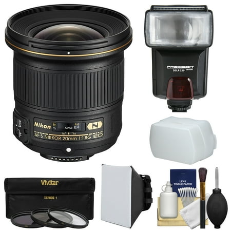 Nikon 20mm f/1.8G AF-S ED Nikkor Lens with Flash + 3 Filters + Softbox + Diffuser Kit for D3200, D3300, D5300, D5500, D7100, D7200, D750, D810 Cameras