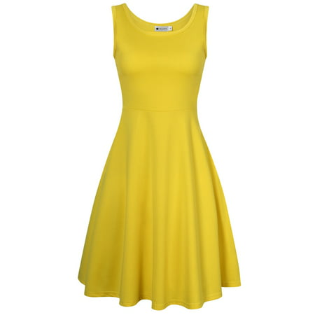 Redcolourful Women Sleeveless Round Neck A-line Tank Party Dress Yellow S
