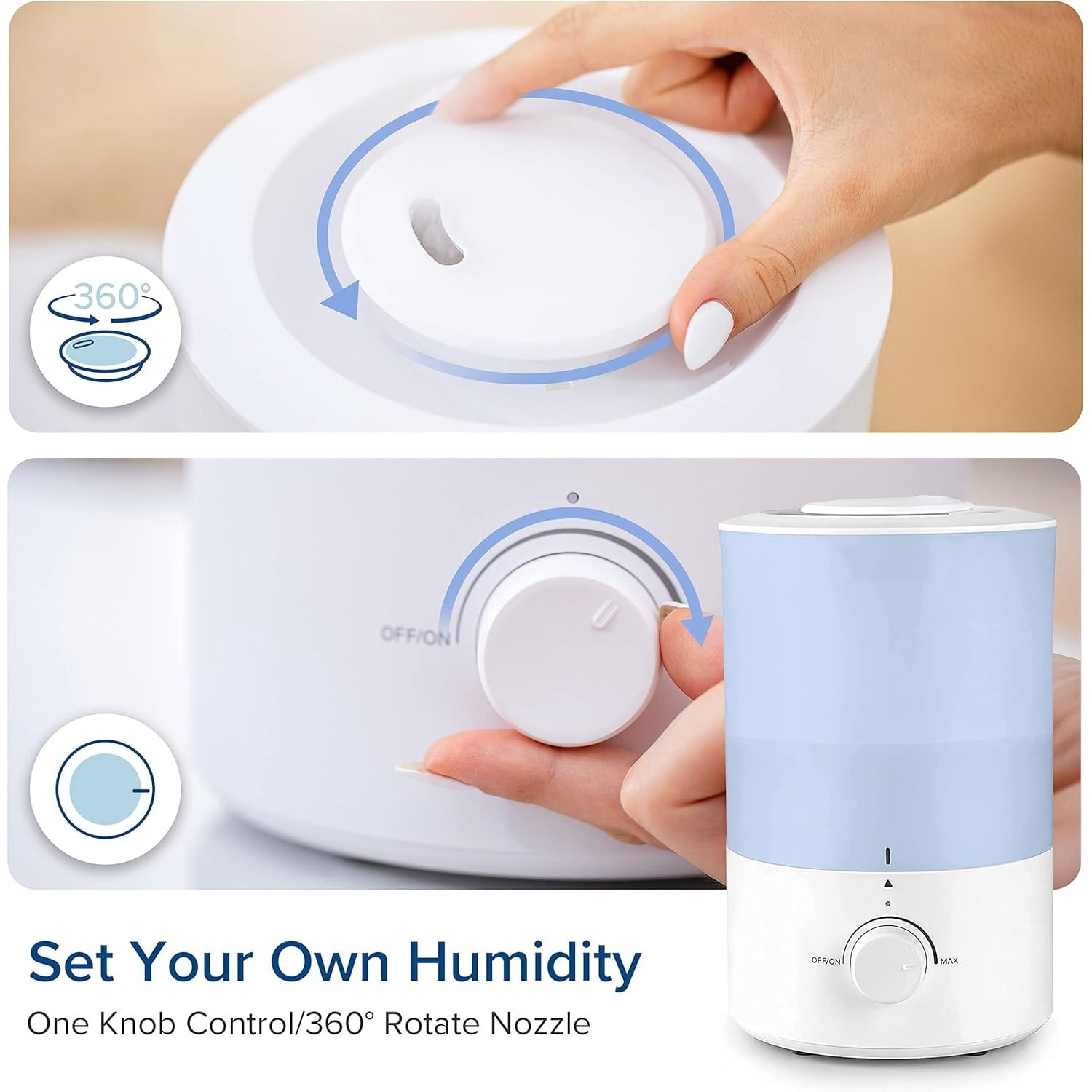 150 Humidifiers for Bedroom Large Room, 3L Cool Mist Top Fill Essential Oil Diffuser for Baby Nursery and Plants, 360° Nozzle, Quiet Rapid Ultrasonic Humidification for Home, Blue