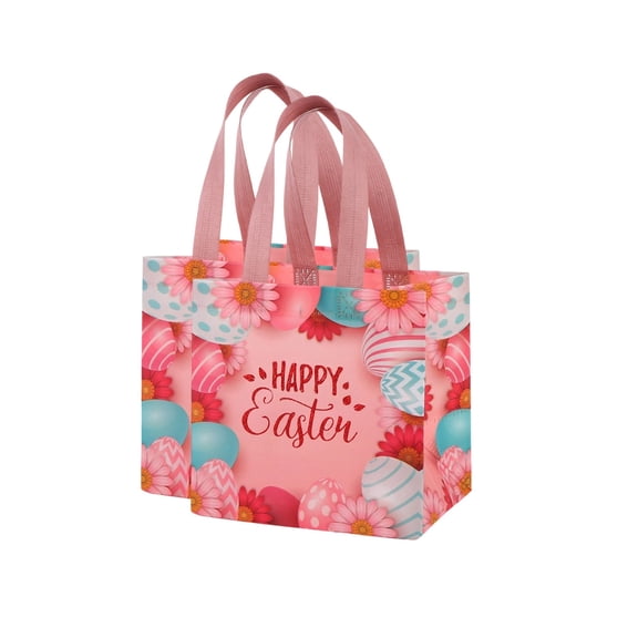 HuiXinOu Easter Tote Bags, 2-Pack Non Woven Reusable Shopping Bags with Egg Print, Party Favor Gift Bags for Easter Egg Hunt Picnic and Grocery Use