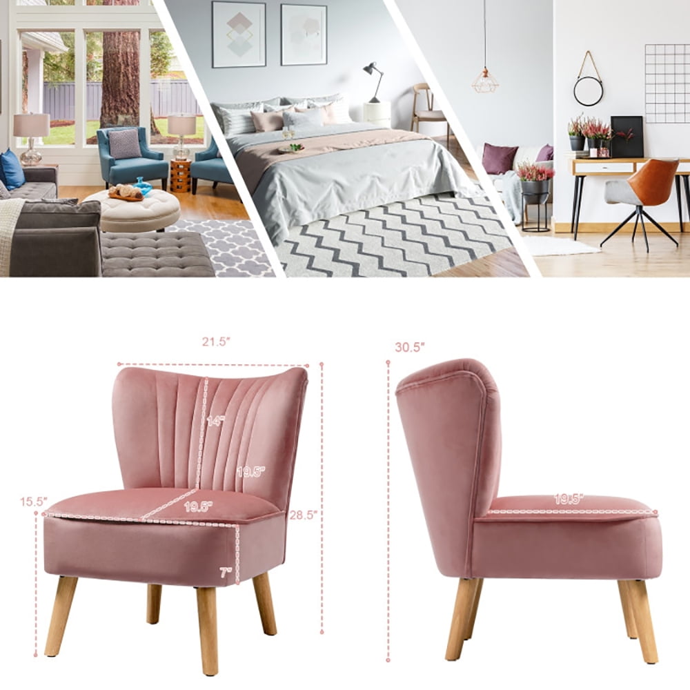 Finihen Velvet Accent Chair, Modern Armless Velvet Accent Chair with Wood Legs, Thickly Padded, Armless Wingback Club Chairs for Living Room, Bedroom, Pink