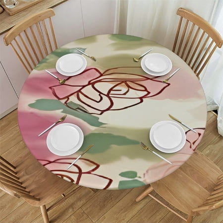 HAOXIT Floral Round Fitted Tableoths Watercolor Rose Flower Elastic Edge Polyester Home Decor Table Cover Fits Round Table Waterproof Stain Proof Table othes For Kitchen Living Room Use Table 54-58