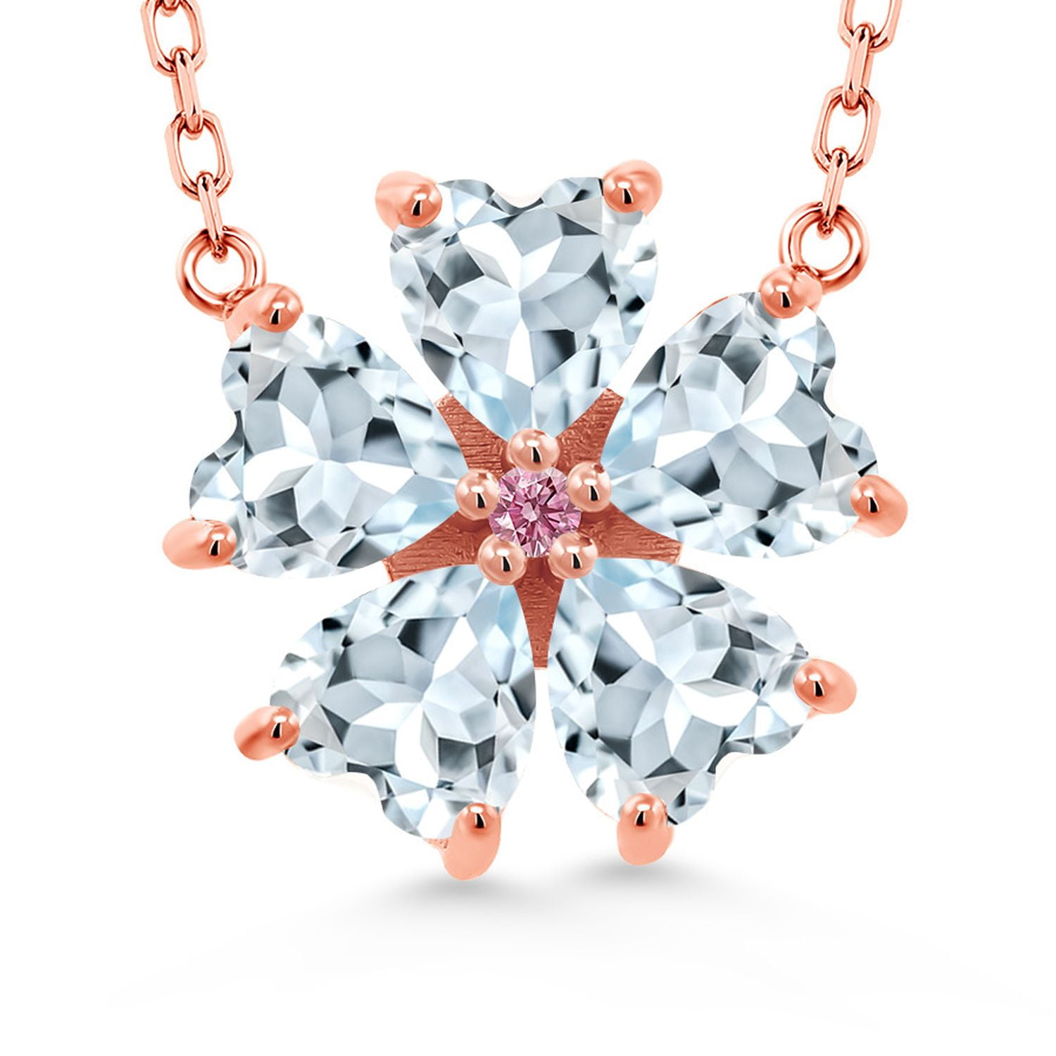 Gem Stone King 18K Rose Gold Plated Silver Sky Blue Aquamarine and Pink Lab Grown Diamond Pendant Necklace for Women (3.69 Cttw, Heart Shape 6MM, with 18 inch Chain)