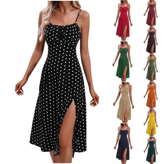 Asxite Summer Dresses for Women Casual Polka Print Sleeveless Round Neck Slit Loose Sundress