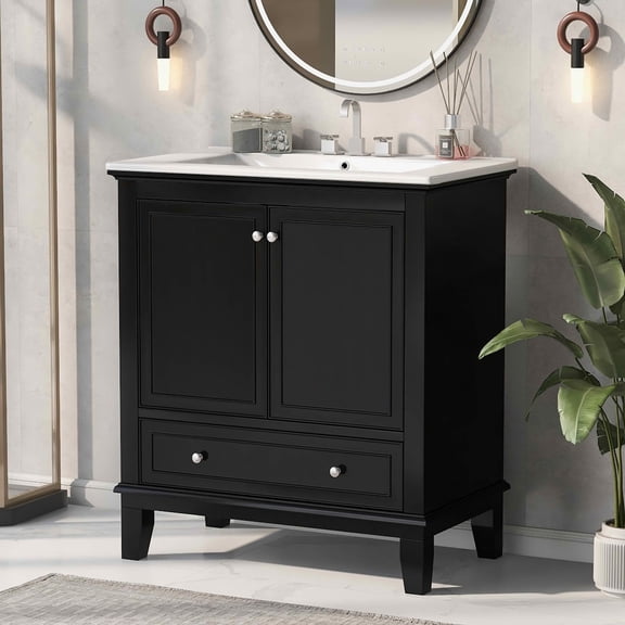MAYEERTY 30" Bathroom Vanity with Sink Multi-functional Cabinet Doors Drawer Solid Wood MDF Black