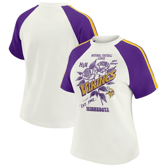Women's WEAR by Erin Andrews White Minnesota Vikings Sleeve Stripe Distressed Raglan T-Shirt