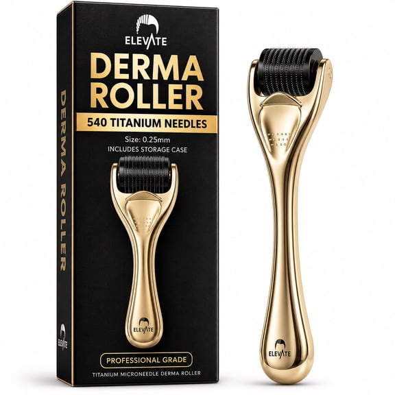 Elevate 0.25mm Derma Roller, 540 Titanium Needles, Microneedle for Face, Skin, Scalp, Hair & Beard Care, Gold (1 Pack)