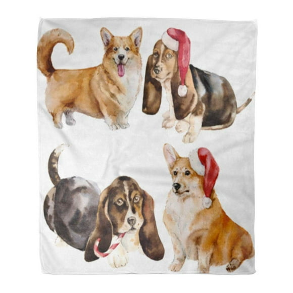 JSDART Flannel Throw Blanket Brown Christmas Watercolor Bassethaund and Corgi Orange Vintage Artistic 58x80 Inch Lightweight Cozy Plush Fluffy Warm Fuzzy Soft