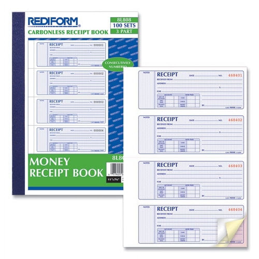 Money Receipt Book, Three-Part Carbonless, 7 X 2.75, 4/page, 100 Forms | Bundle of 10 Each
