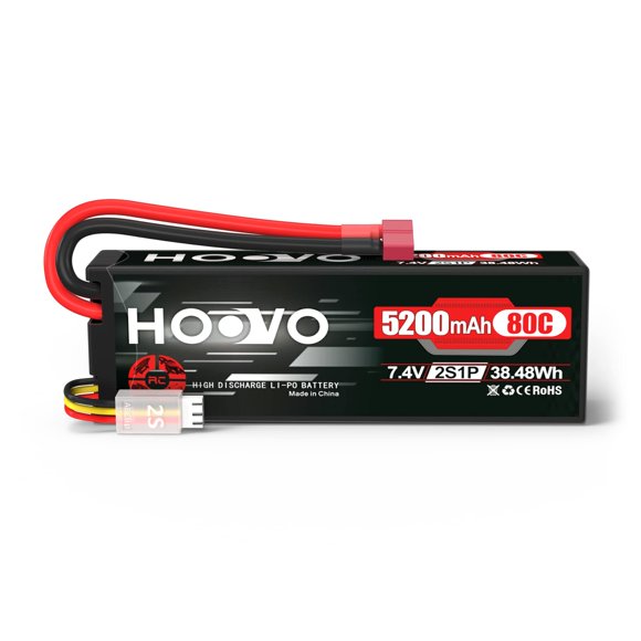HOOVO 2S 7.4V 80C 5200mAh LiPo Battery Pack Hard Case with T Plug Connector for RC Buggy Vehicles Car Boats Trucks Duratrax