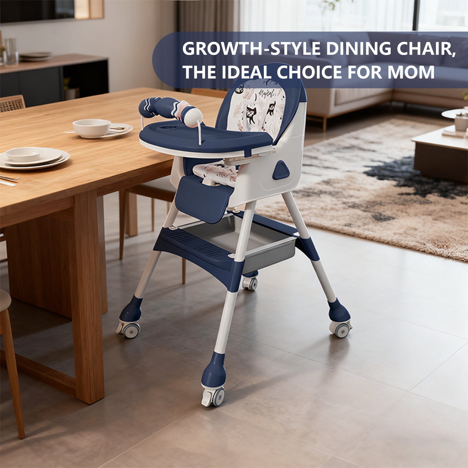 4-in-1 Baby High Chair for Babies & Toddlers, Foldable High Chair with Detachable PU Cushion, Removable Tray, Adjustable Height, Locking Wheels, Blue