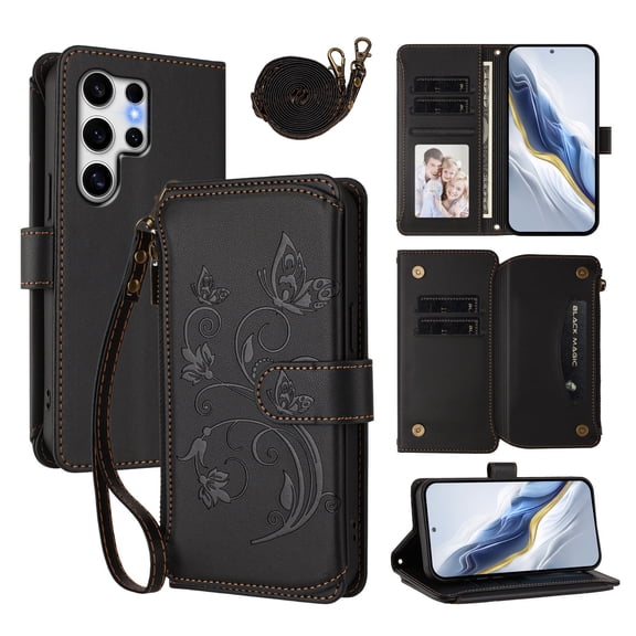 Phone Case for Samsung Galaxy S24 Ultra Wallet Cell Cover with Wrist & Shoulder Strap, Embossed Flower Flip Zipper Card Holder Slots Stand PU Leather Wallet Case for Women Girls Men Women, Black