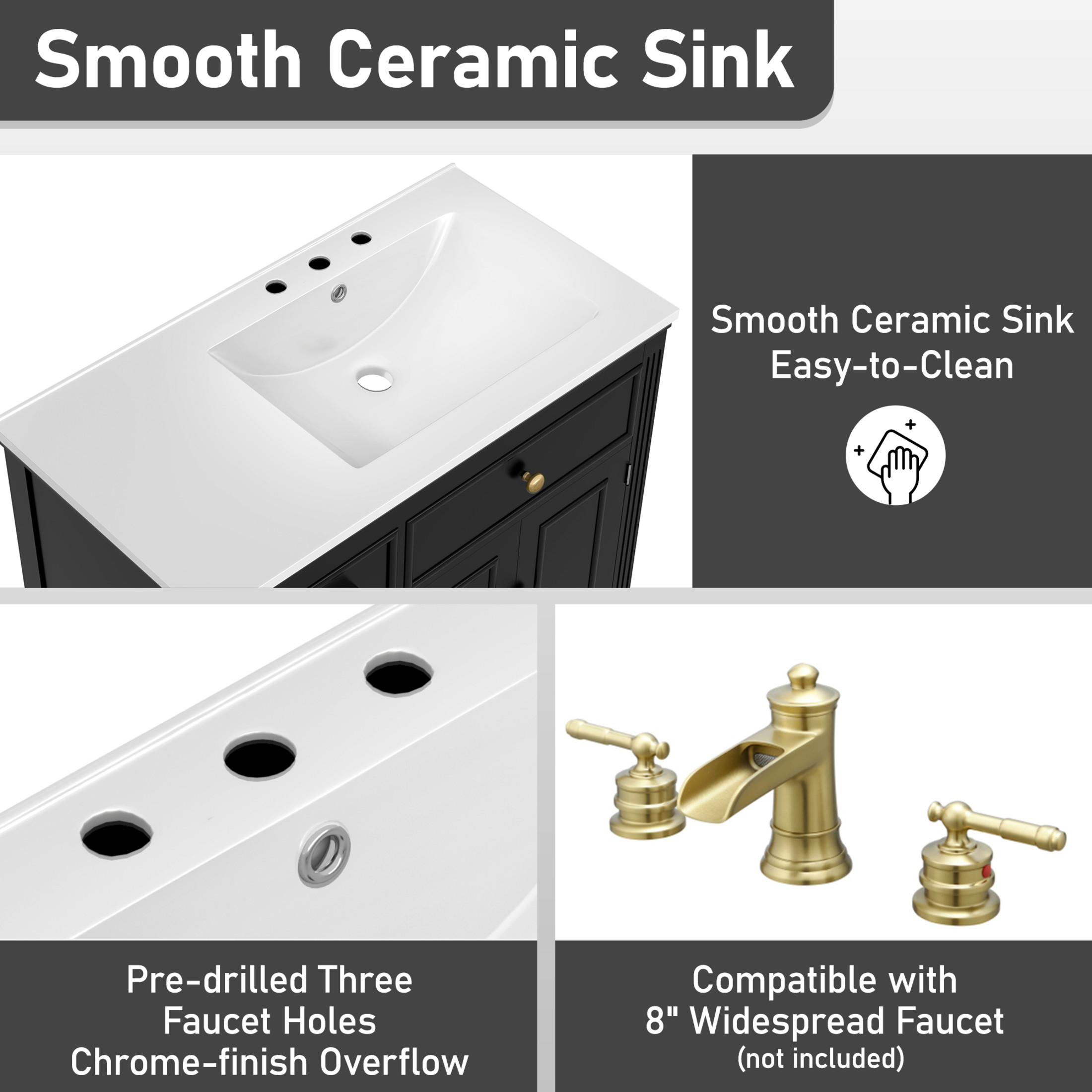 Christopher Knight Home 36" Bathroom Vanity with Sink, Tip-out Drawers & Gold Metal Handles, Black