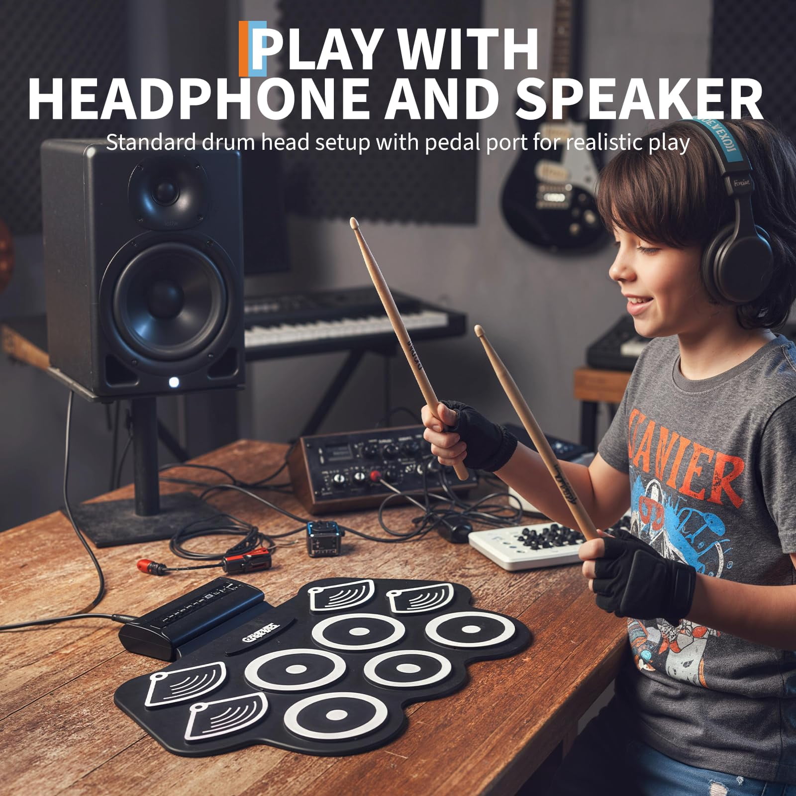 Wireless Electronic Drum Set, 9-Pad Portable Roll-Up Kit - Includes Kick Pedal & Drum Sticks, with Built-in Speaker, LED Lights, Recording for Kids & Beginners