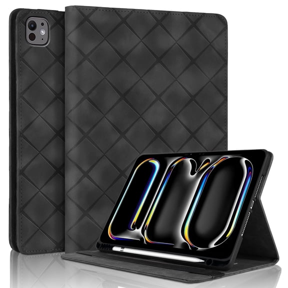 Decase for iPad Pro 12.9 2022/2021/ 2020/2018 Cover with Pencil Holder/Pockets,Auto Wake/Sleep,Folio Stand Embossed PU Leather Smart Wallet Shell for iPad Pro 12.9 6th/ 5th/ 4th/ 3rd Gen,Black