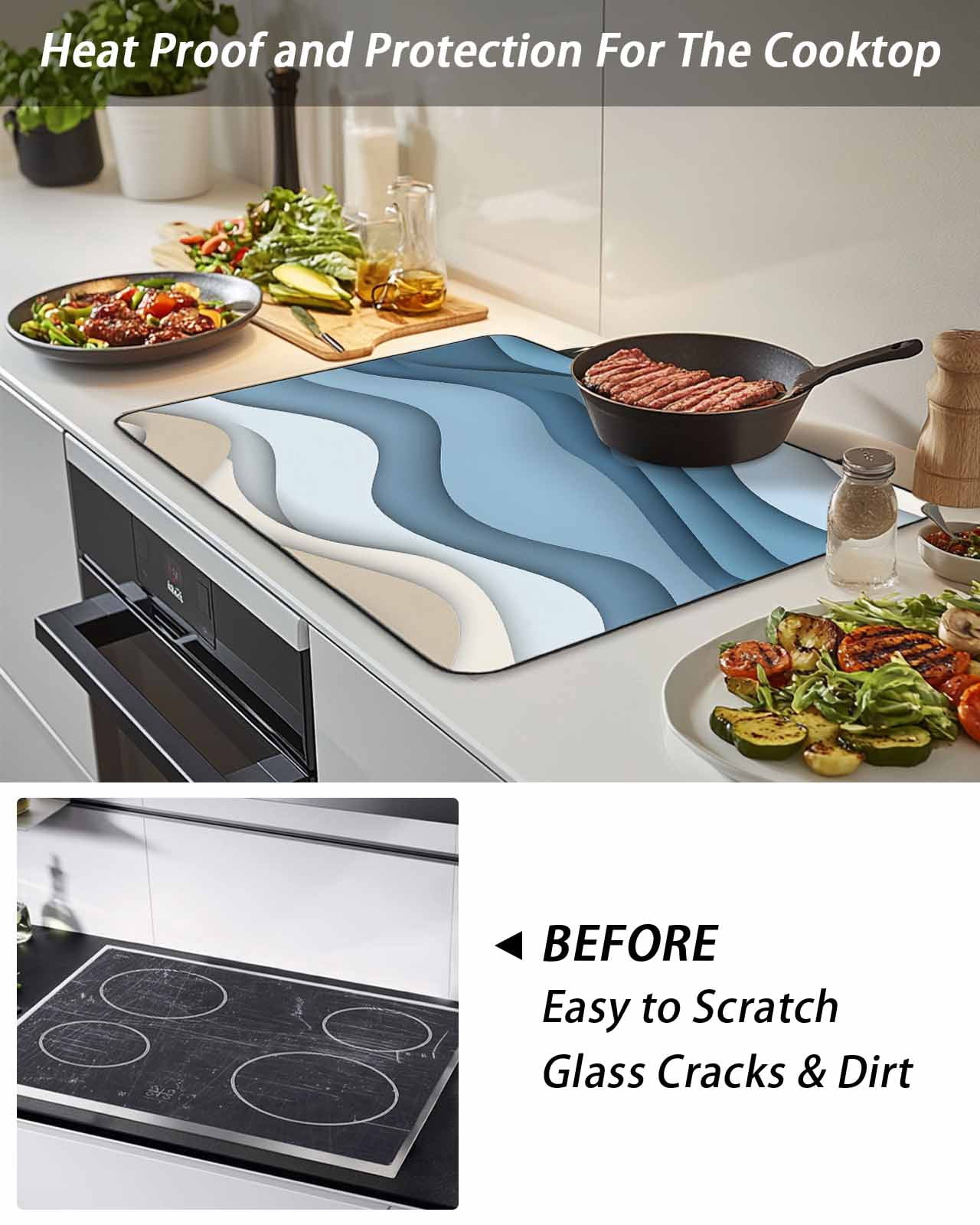 Stove Top Covers for Electric Stove, Blue Beige Ombre Glass Stovetop Cover Protector, Modern Abstract Moire Art Geometric Induction Cooktop Protector Oven Mat for Kitchen Countertop 24"x21"