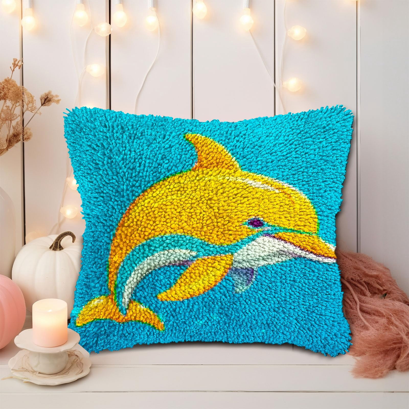 Cartoon Cute Dolphin DIY Latch Hook Pillow Kits for Adults Printed Pillowcase Crochet Yarns Hooking Handmade Pillow Cover Cushion for Home Sofa Decoration 17x17inch(2)
