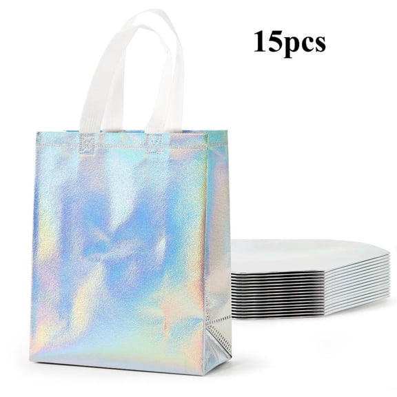 15 Pcs Iridescent Gift Bags with Handles, 8x4x10 Inch Holographic Reusable Gift Bags Medium Size, Ideal for Birthday, Christmas, Party Favors, Wedding, Holidays, Valentines