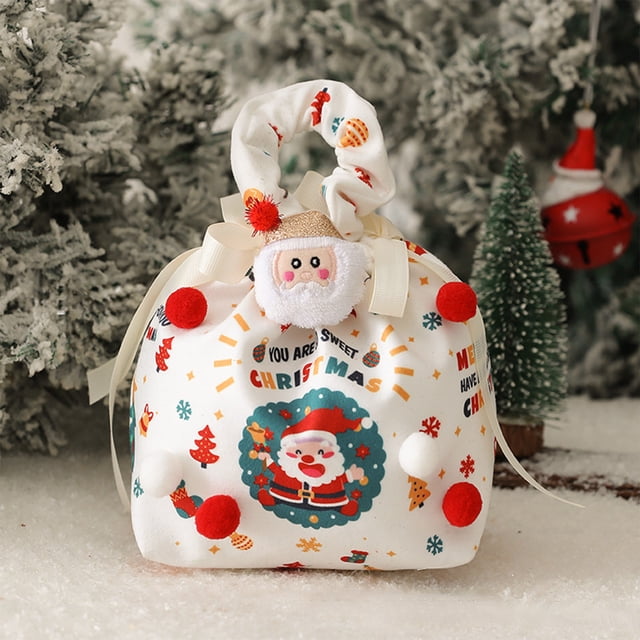 Christmas Produce Gift Bag | White Cloth Drawstring Tote with Red Ribbon Gold Print | Reusable Decorative Holiday Storage for Fruits Vegetables Ornaments